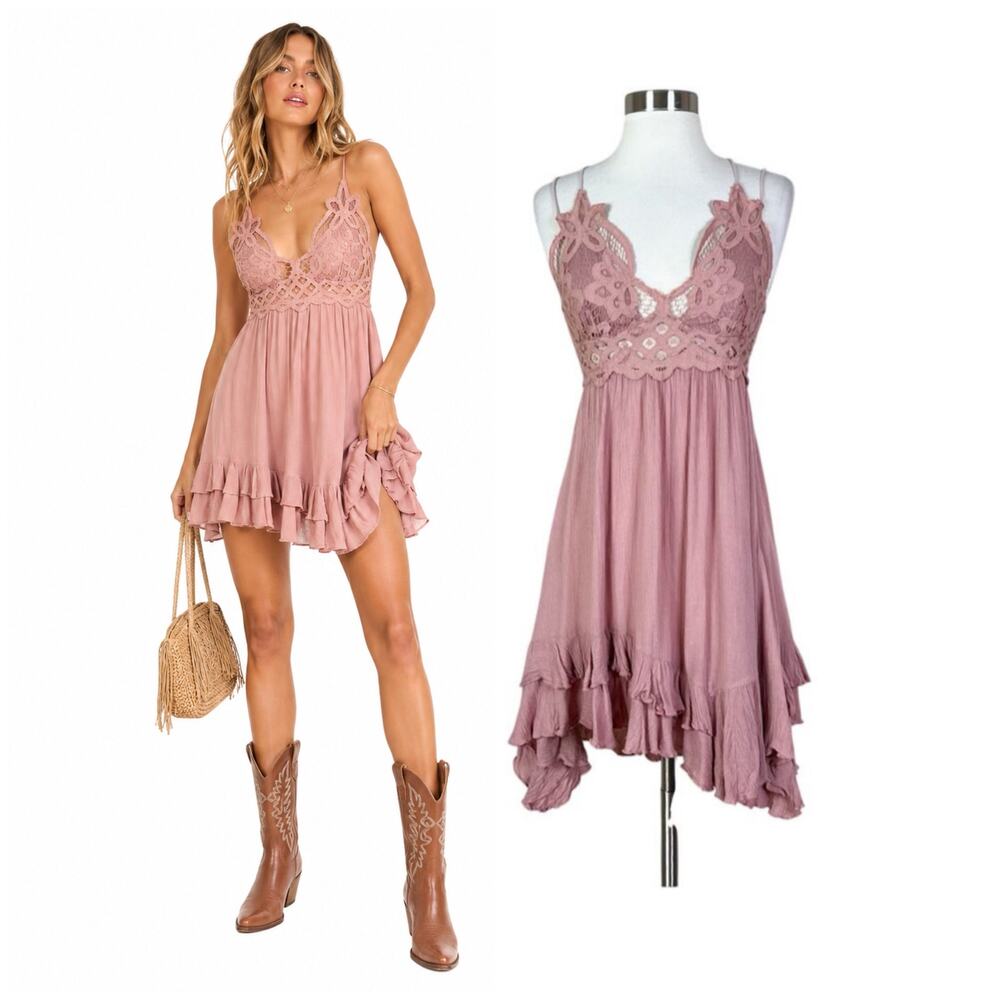Free People | Adela Pink Lace Slip Ruffle Hem Boho Flowy Mini Dress XS